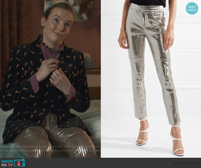 Isabel Marant Novida metallic striped leather skinny pants worn by Villanelle (Jodie Comer) on Killing Eve