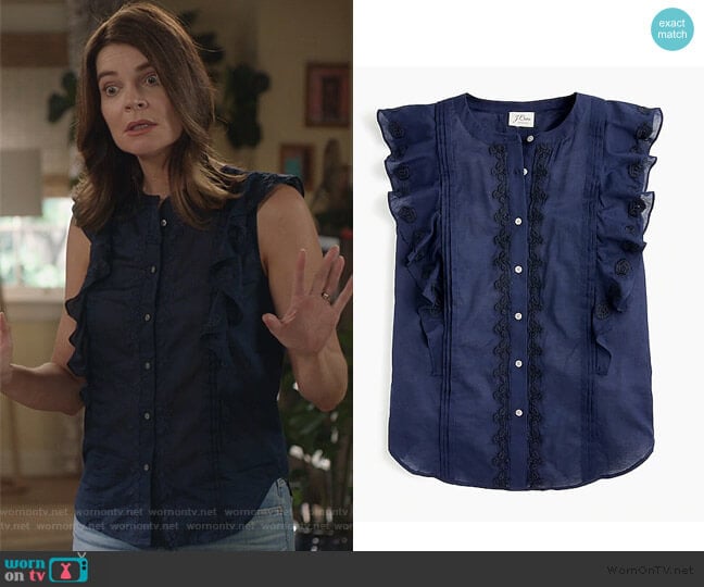 J. Crew Point Sur sleeveless embroidered flutter top worn by Heather Hughes (Betsy Brandt) on Life in Pieces