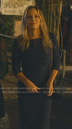 Jen’s blue split-neck dress on Dead to Me