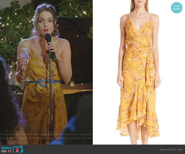 Johanna Ortiz Daffodil Print Silk Midi Dress worn by Fallon Carrington (Elizabeth Gillies) on Dynasty