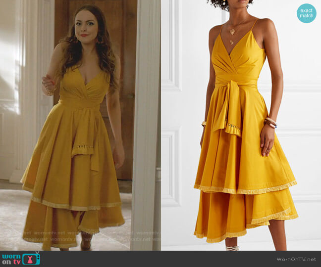 Johanna Ortiz Tiered Fringed Poplin Midi Dress worn by Fallon Carrington (Elizabeth Gillies) on Dynasty