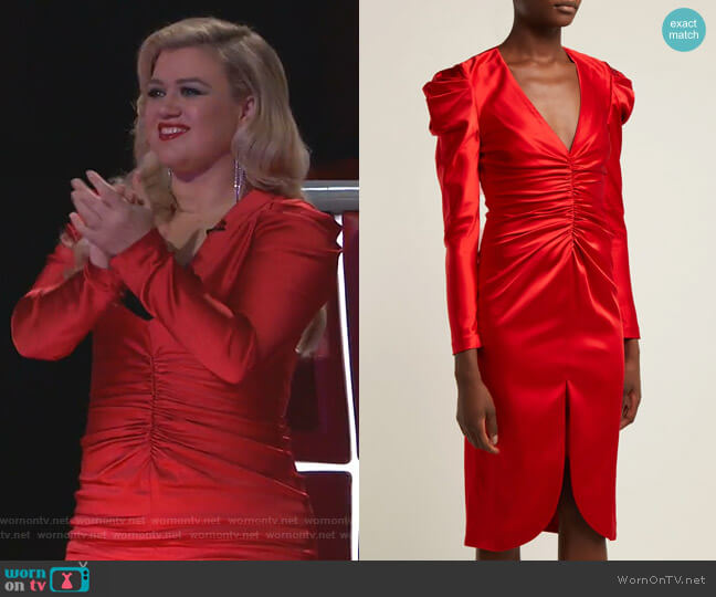Jonathan Simkhai Puff-Sleeve Ruched Satin Midi Dress worn by Kelly Clarkson on The Voice