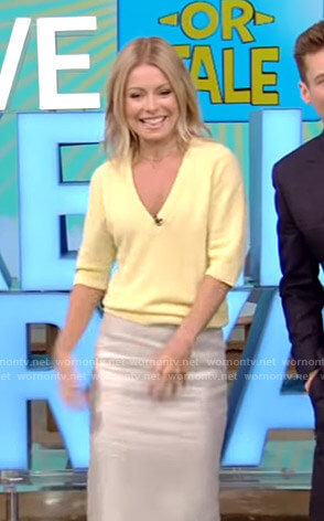 Kelly’s yellow sweater and metallic pencil skirt on Live with Kelly and Ryan
