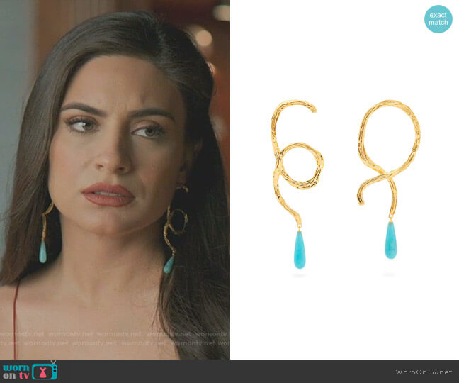 Lizzie Fortunato Cursive 18K Goldplated & Turquoise Drop Earrings worn by Cristal Jennings (Daniella Alonso) on Dynasty