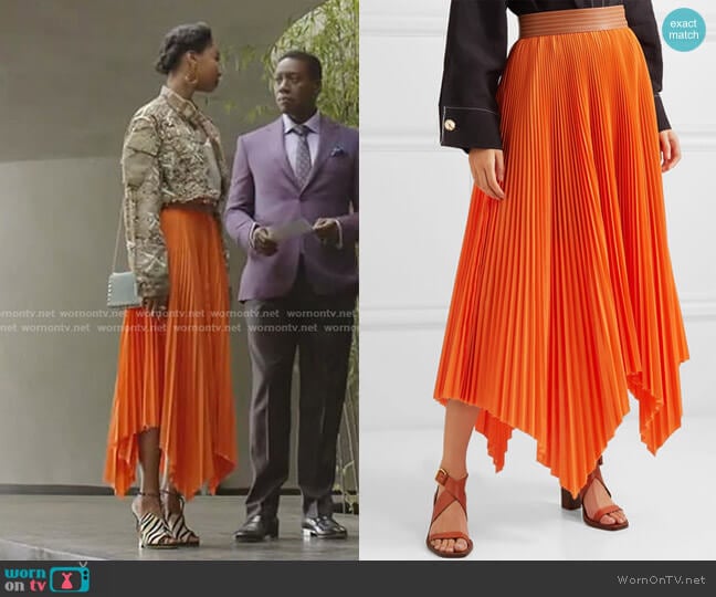 Loewe Asymmetric Pleated Midi Skirt worn by Monica Colby (Wakeema Hollis) on Dynasty