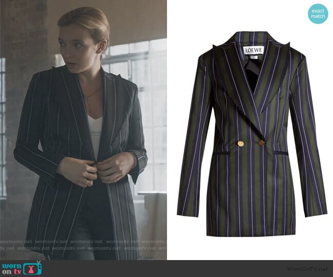 Loewe Striped double-breasted wool-blend blazer worn by Villanelle (Jodie Comer) on Killing Eve
