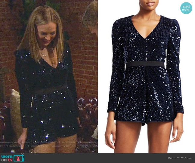 ML Monique Lhuillier Long-Sleeve Sequin V-Neck Romper worn by Hannah Brown on The Bachelorette