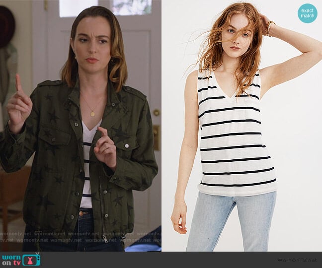 Madewell Whisper Cotton V-Neck Pocket Tank in Creston Stripe worn by Angie (Leighton Meester) on Single Parents