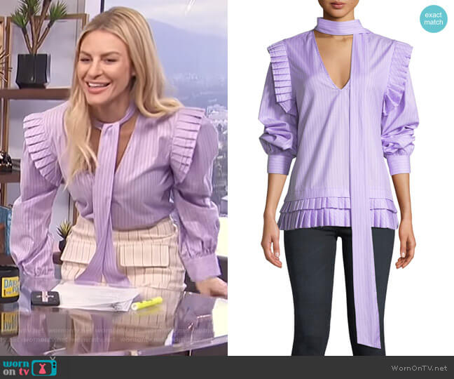 Maggie Marilyn I'll Catch You If You Fall Pinstripe Pleated Top worn by Morgan Stewart on E! News