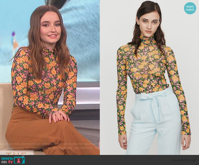 Maje Floral-print high-collar mesh T-shirt