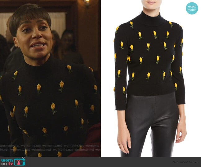 Michael Kors Rose-Embroidered Cropped Sweater worn by Lucca Quinn (Cush Jumbo) on The Good Fight