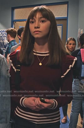 Molly’s maroon ruffled sweater on No Good Nick