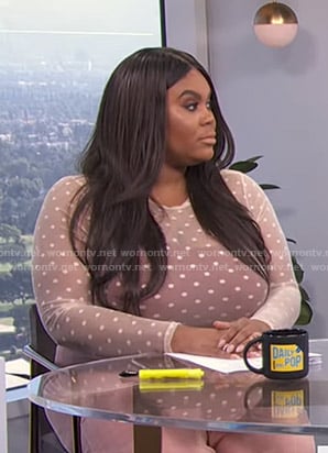 Nina’s beige polka dot sheer top on E! News Daily Pop