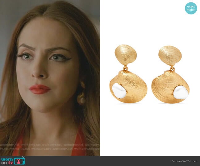 Oscar de la Renta Gold-Tone Faux Pearl Clip Earrings worn by Fallon Carrington (Elizabeth Gillies) on Dynasty