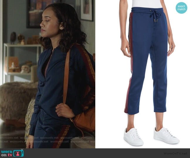 Pam & Gela Cropped Drawstring Sweatpants with Metallic Stripes worn by Caitlin Martell-Lewis (Sydney Park) on Pretty Little Liars The Perfectionists