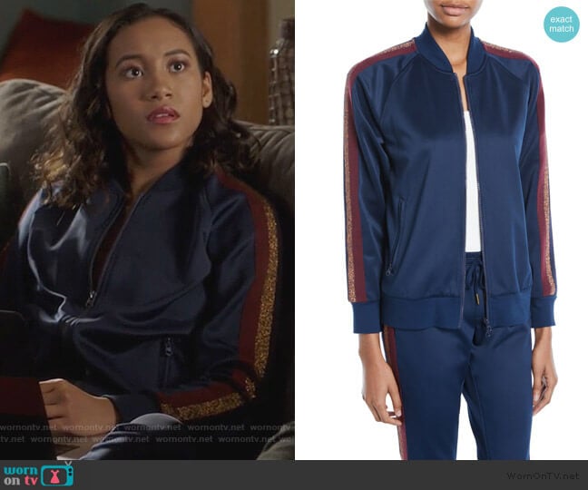 Pam & Gela Zip-Front Track Jacket with Metallic Stripes worn by Caitlin Martell-Lewis (Sydney Park) on Pretty Little Liars The Perfectionists