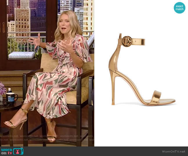 Gianvito Rossi Portofino Metallic Leather Sandals worn by Kelly Ripa on Live with Kelly and Mark