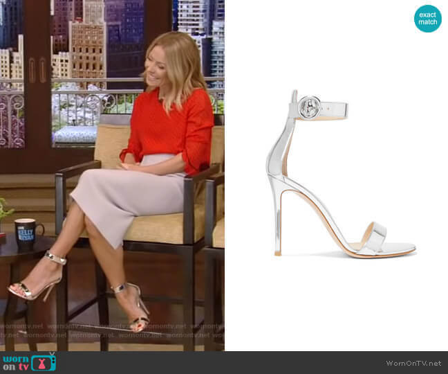 Gianvito Rossi Portofino Metallic Leather Sandals worn by Kelly Ripa on Live with Kelly and Mark