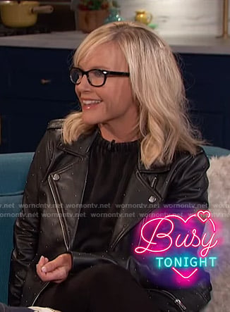 Rachael Harris’s black studded moto jacket on Busy Tonight
