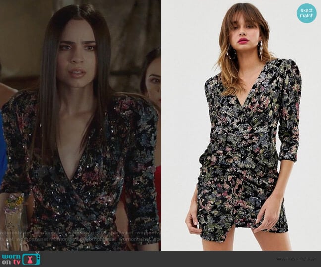 ASOS River Island ruched sequin dress worn by Ava Jalali (Sofia Carson) on Pretty Little Liars The Perfectionists