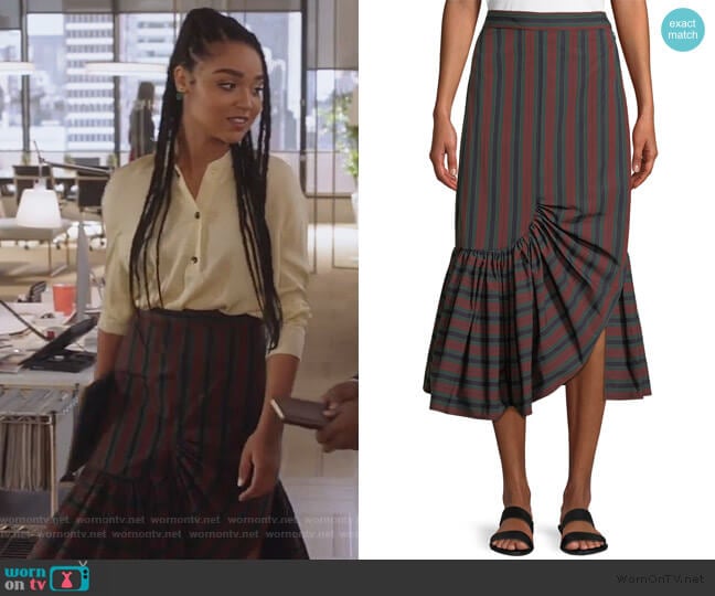 Rosetta Getty Barcode Stripe Ruffle-Hem Skirt worn by Kat Edison (Aisha Dee) on The Bold Type