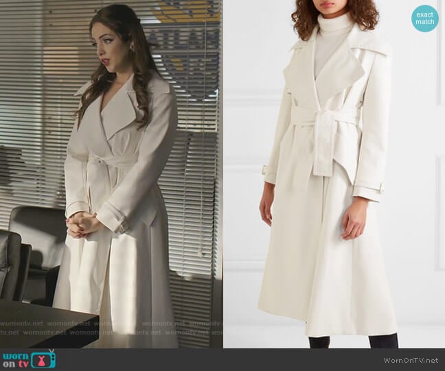 Sara Battaglia Belted Faux Leather Trench Coat worn by Fallon Carrington (Elizabeth Gillies) on Dynasty