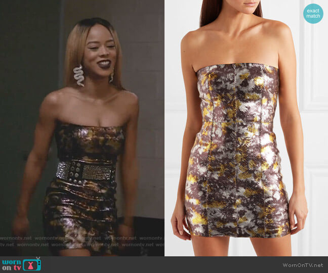 Sprwmn Metallic Snake-Effect Leather Mini Dress worn by Tiana Brown (Serayah McNeill) on Empire