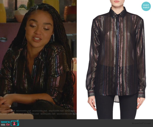 Saint Laurent Multicolor Metallic-Striped Blouse worn by Kat Edison (Aisha Dee) on The Bold Type