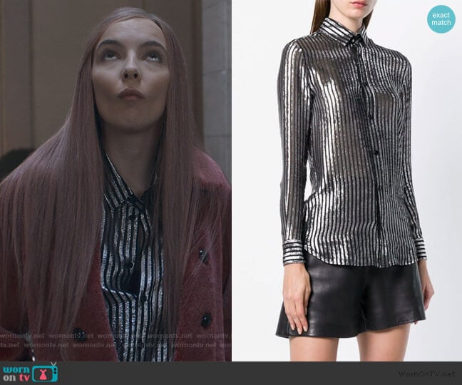 Saint Laurent semi-sheer striped shirt worn by Villanelle (Jodie Comer) on Killing Eve
