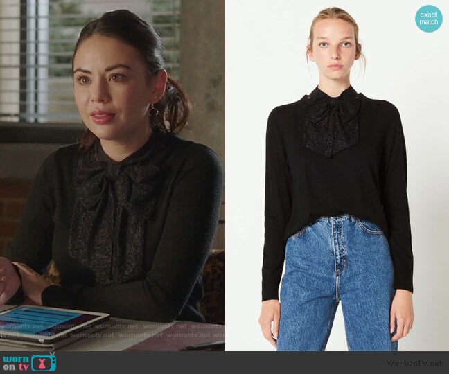 Sandro Knit Sweater Decorated with Bow worn by Mona Vanderwaal (Janel Parrish) on Pretty Little Liars The Perfectionists