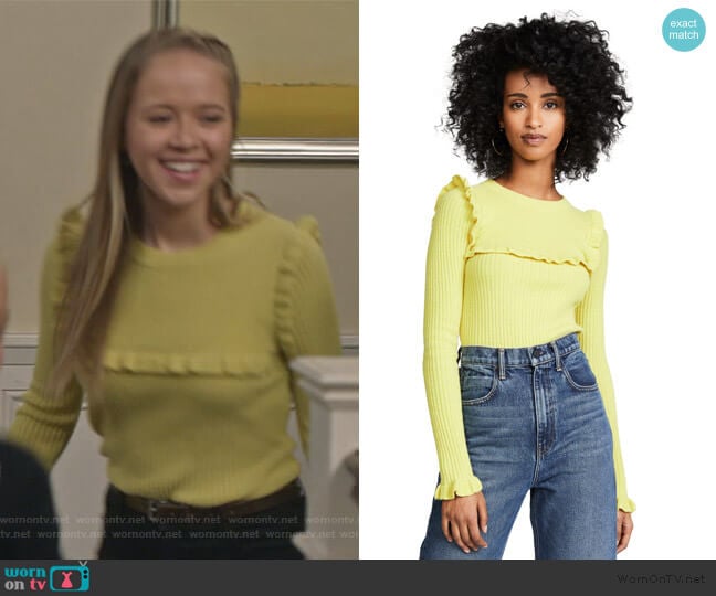 See by Chloe Fitted Ruffle Sweater worn by Samantha Hughes (Holly Barrett) on Life in Pieces