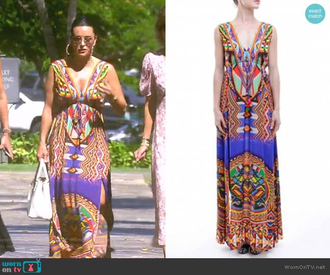 Shahida Parides Multi-Color Boho Summer Maxi Dress with Slit worn by Kyle Richards on The Real Housewives of Beverly Hills