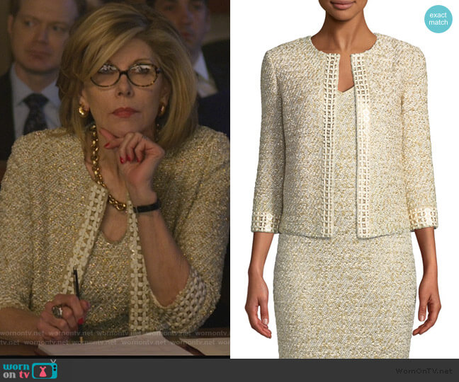 St. John Gilded Eyelash Knit Jacket with Hand-Beaded Trim worn by Diane Lockhart (Christine Baranski) on The Good Fight