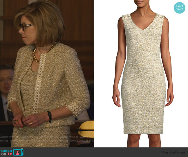 St. John Sleeveless Gilded Eyelash Metallic Sheath Dress worn by Diane Lockhart (Christine Baranski) on The Good Fight
