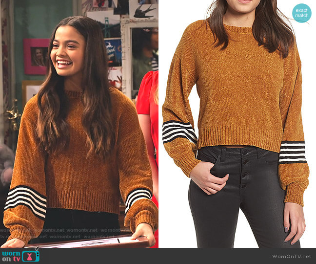 Ten Sixty Sherman Stripe Sleeve Chenille Sweater worn by Nick (Siena Agudong) on No Good Nick