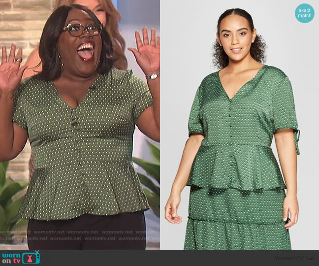 Target Tie Sleeve V-Neck Button Detail Peplum Top worn by Sheryl Underwood on The Talk