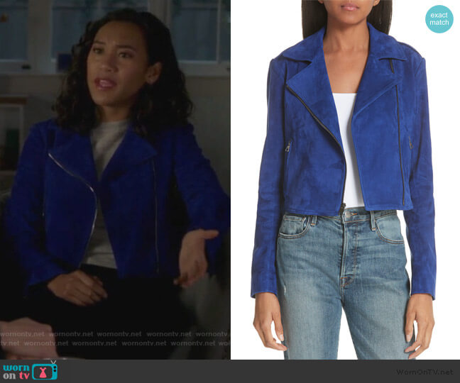 Sanda L Lamb Suede Moto Jacket Theory worn by Caitlin Martell-Lewis (Sydney Park) on Pretty Little Liars The Perfectionists
