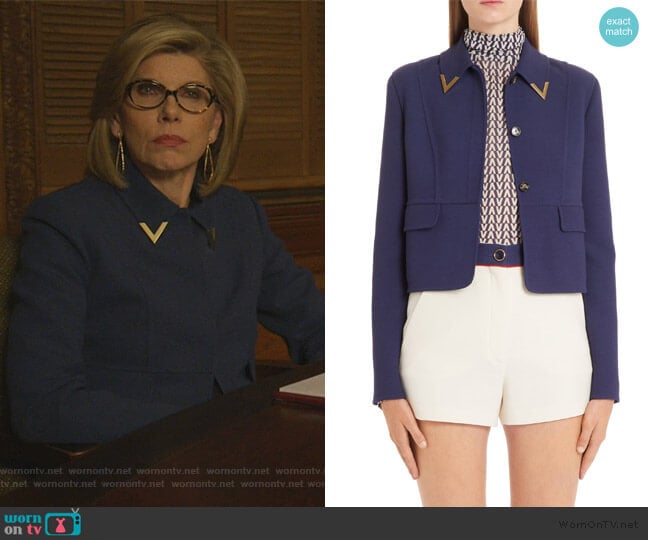 Valentino V-Detail Collar Double Crepe Crop Jacket worn by Diane Lockhart (Christine Baranski) on The Good Fight