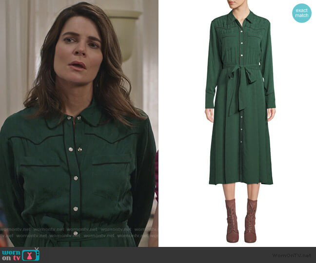 Veronica Beard Spur Silk Jacquard Long-Sleeve Shirtdress worn by Heather Hughes (Betsy Brandt) on Life in Pieces