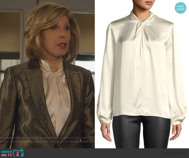 Vince Knotted High-Neck Log-Sleeve Silk Blouse worn by Diane Lockhart (Christine Baranski) on The Good Fight