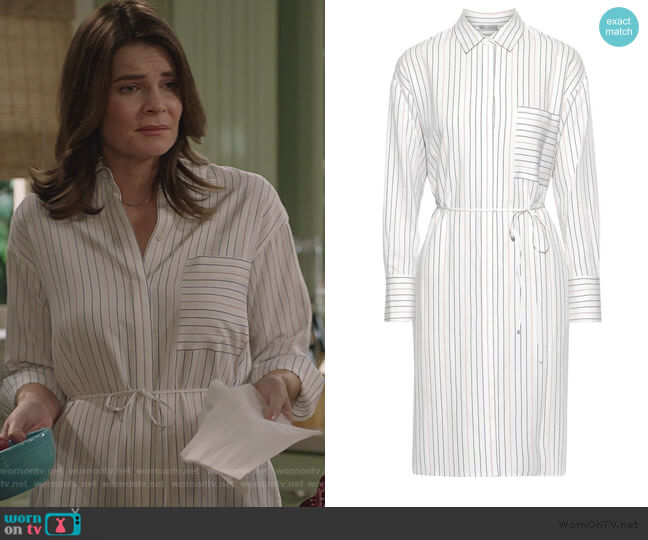 Vince Pinstriped poplin shirt dress worn by Heather Hughes (Betsy Brandt) on Life in Pieces