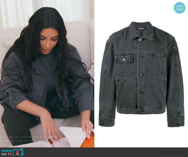 Yeezy Worker jean jacket worn by Kim Kardashian on Keeping Up with the Kardashians