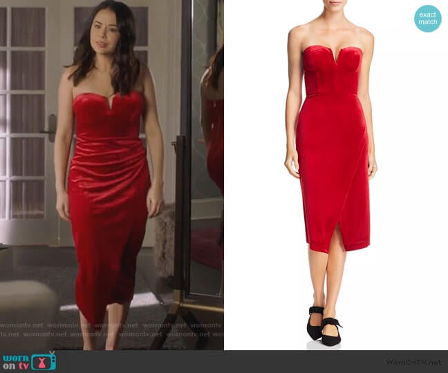 Yumi Kim Allure Strapless Velvet Dress worn by Mona Vanderwaal (Janel Parrish) on Pretty Little Liars The Perfectionists