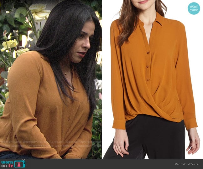 All in Favor Patterned Drape Front Blouse in Cathay Spice worn by Mia Rosales (Noemi Gonzalez) on The Young and the Restless