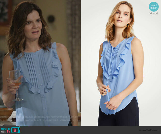 Ann Taylor Pintucked Ruffle Bib Shell worn by Heather Hughes (Betsy Brandt) on Life in Pieces