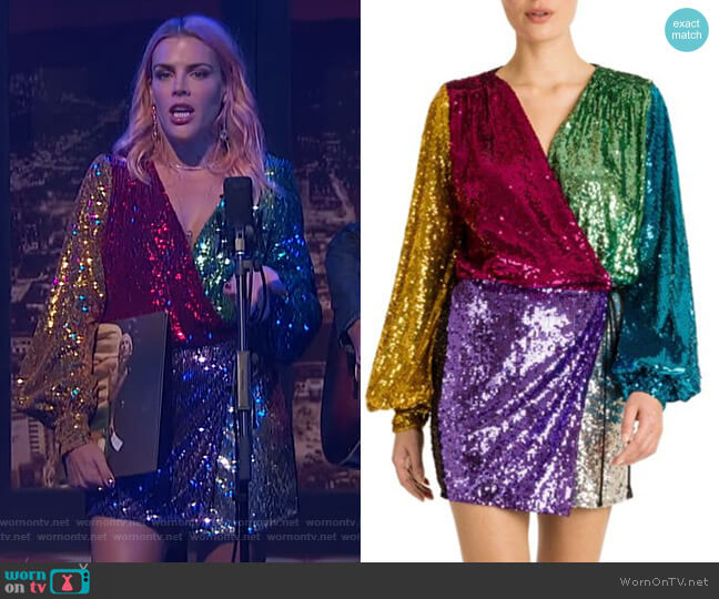 Attico Colorblock Sequin Mini Wrap Dress worn by Busy Philipps on Busy Tonight