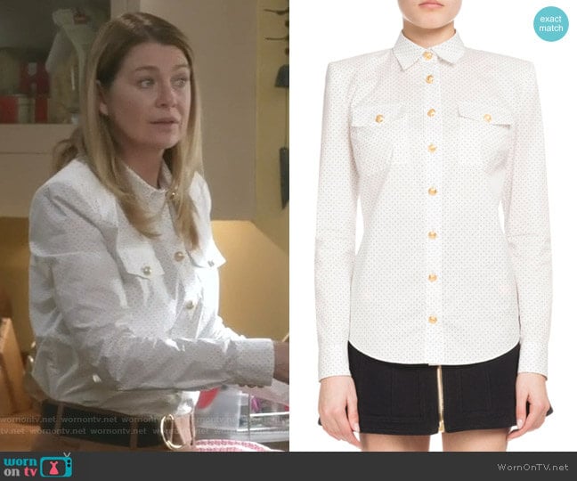 Balmain Dotted Poplin Long-Sleeve Button-Down Blouse worn by Meredith Grey (Ellen Pompeo) on Greys Anatomy