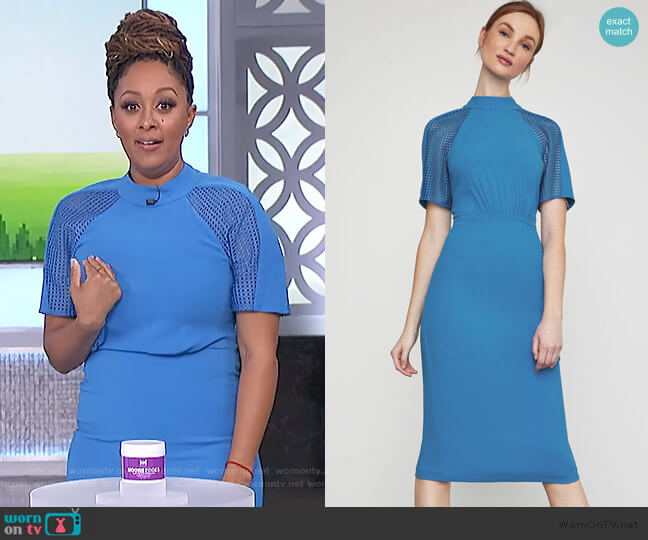 BCBGMAXAZRIA Lace Inset Sheath Dress worn by Tamera Mowry on The Real