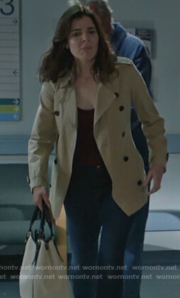 Heather’s beige short trench coat on Life in Pieces