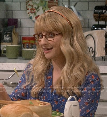 Bernadette’s blue floral top on The Big Bang Theory
